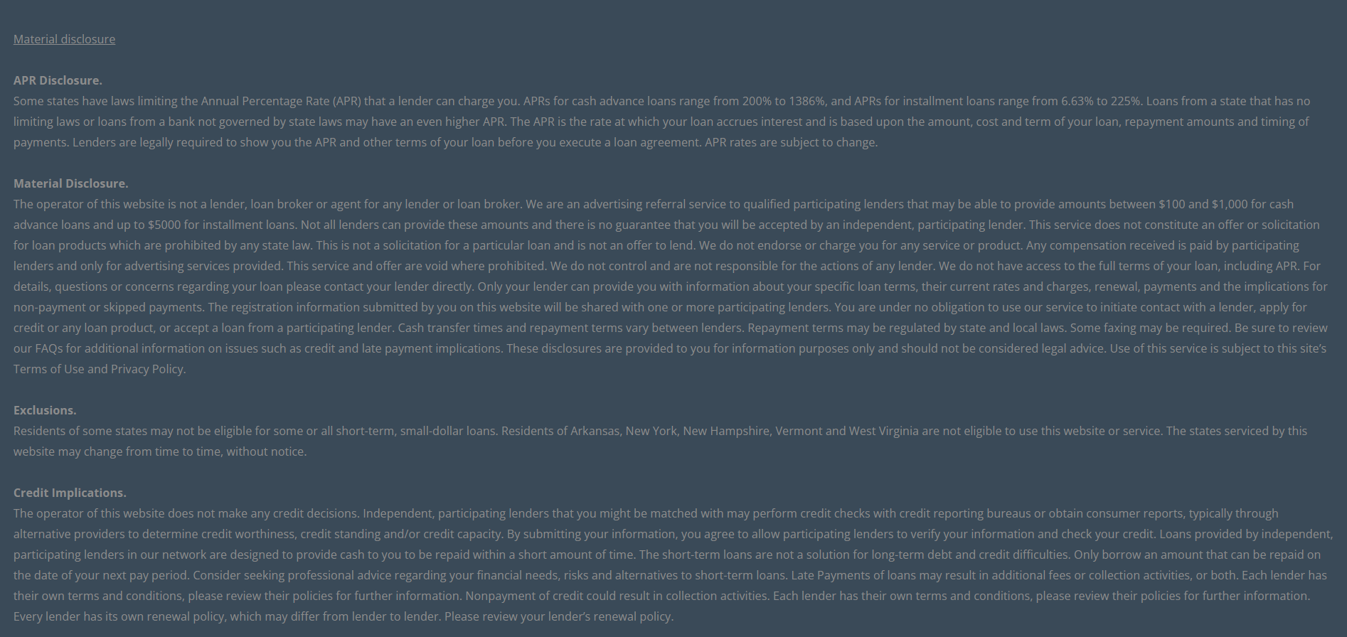 Material disclosure for payday loans in Sacramento California